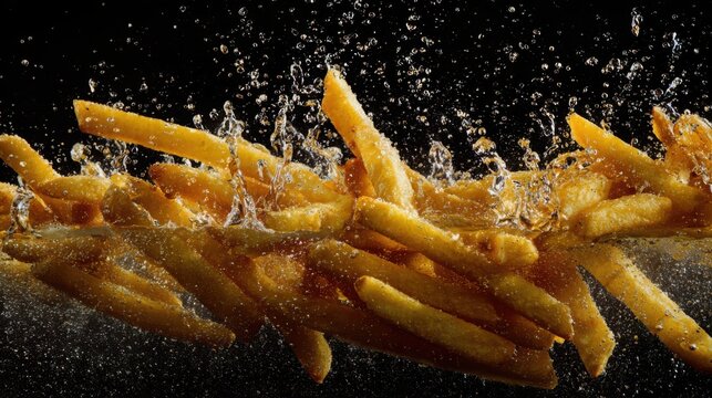 extreme macro photograph of golden french fries falling through a splash of sparkling water, individual crispy surfaces and salt crystals sharply