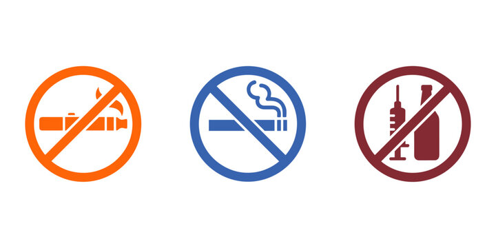 School prohibition sign vector icon set for no smoking and drugs