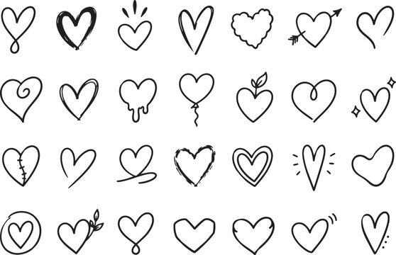 Hand Drawn Heart Doodle Icon Set, Cute Love Outline Vector Collection