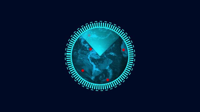 Global tracking system animation displays Earth with red markers. Planetary GPS navigation routes on global tracking system. Satellite surveillance uses this global tracking system.