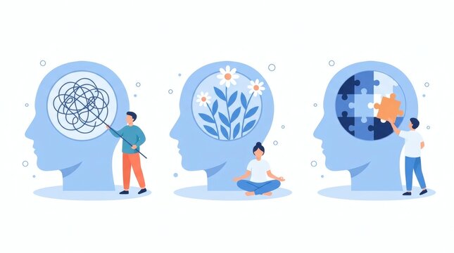 Illustrated concept of mental health professionals engaging with brain imagery to represent therapy techniques