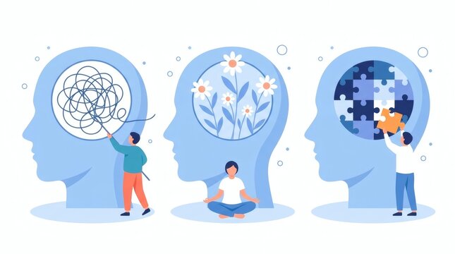 Illustrated concept showing professionals analyzing cognitive functions through brain visualization interfaces in a modern workspace