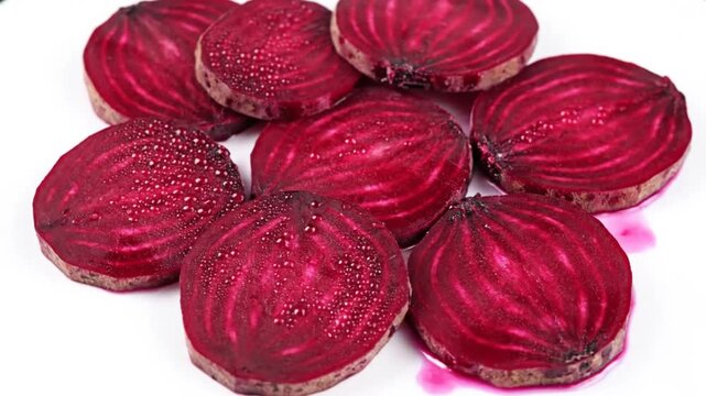 Close up view of fresh sliced beetroot vegetables with water droplets on a white plate ready for cooking