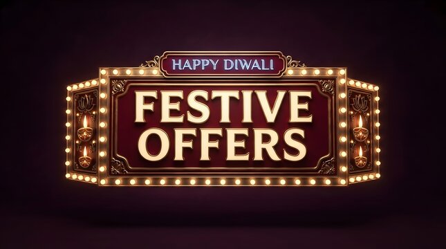 Festive offers illuminated marquee sign with bright lights against a dark background