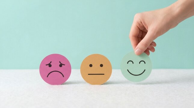 Hand lifting cheerful paper smiley face from neutral expression stack on clean workspace