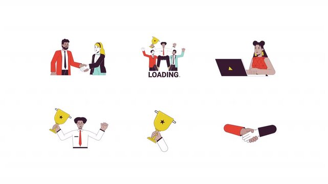 Business success cartoon animation pack. Laptop work. Professional recognition. Handshaking colleagues. Trophy celebration loading animated flat 4K video collection isolated on transparent background