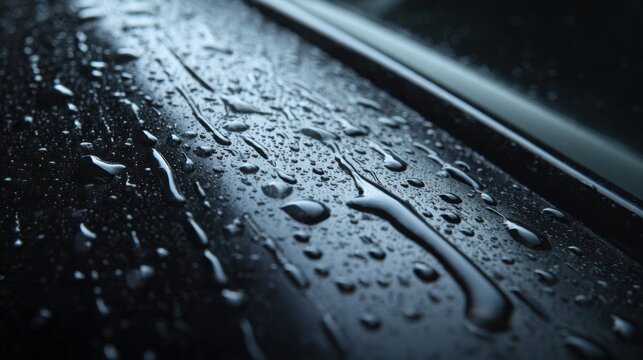 macro automotive photography showing thin streams of rainwater flowing over a dark metallic car door, tiny droplets merging into larger trails