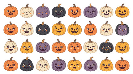 Fototapeta premium Cute Halloween pumpkin vector set, 36 adorable cartoon pumpkins with various facial expressions, spooky autumn harvest gourd collection, festive fall season graphic resource for kids' designs