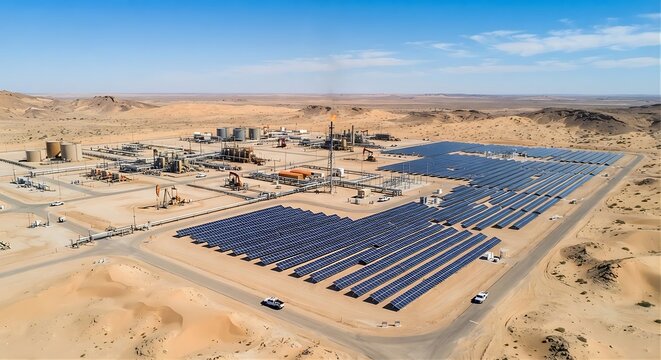 A large-scale solar panel farm and oil drilling facility located in a desert landscape, capturing the coexistence of renewable green energy and traditional fossil fuels for industrial concepts