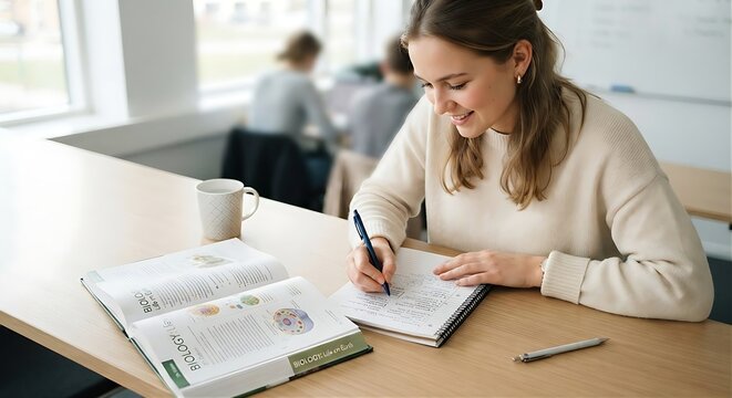 A smiling female university student studying diligently with an open notebook in a bright classroom, capturing education, academic success, and self-development