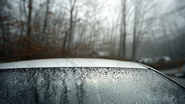 realistic automobile parked during cold late autumn rain, water droplets mixed with tiny melting ice particles on windshield, bare trees and gray