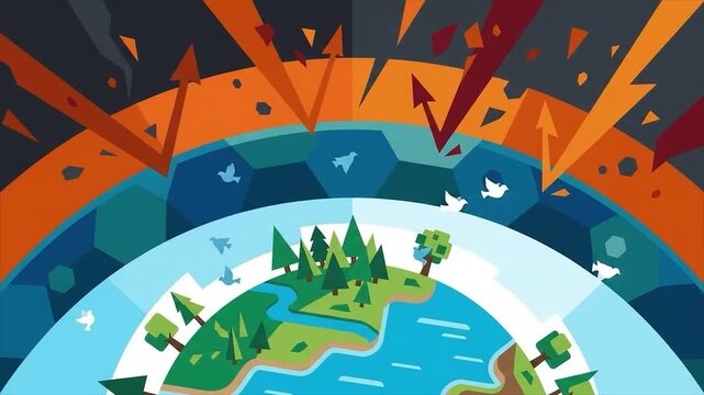 Ozone layer protecting earth from solar radiation. Greenhouse effect and global warming concept animation. Climate change vector illustration of planet earth.
