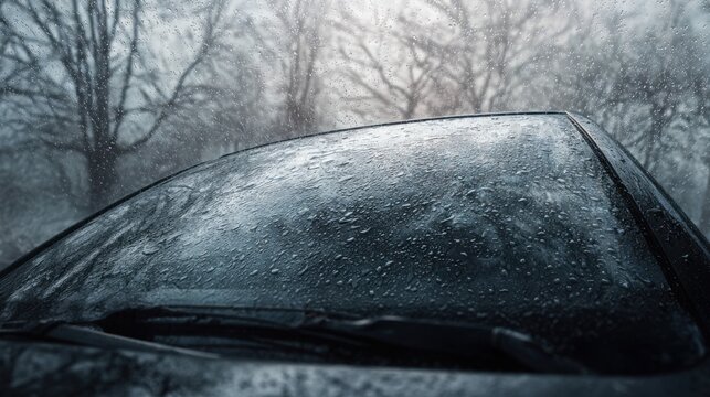 realistic automobile parked during cold late autumn rain, water droplets mixed with tiny melting ice particles on windshield, bare trees and gray