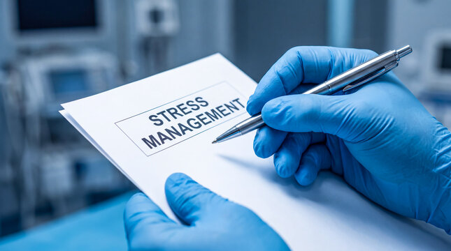 Medical professional wearing blue nitrile gloves writing on a stress management document in a clinic