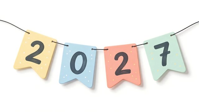 Four rounded pennant flags connected by thin curved string. New Year celebration concept