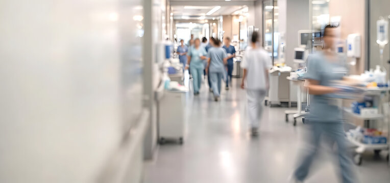 Atmospheric blurred view of a busy modern hospital corridor, illustrating the active clinical environment commonly found in healthcare facilities. 