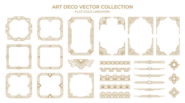 Art deco vector collection of gold geometric frames, borders, dividers, and decorative elements for luxury invitation and vintage design projects