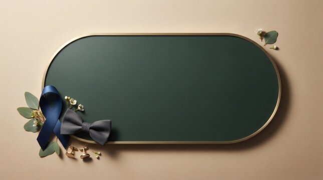 Elegant dark green oval board with groom accessories and floral decoration