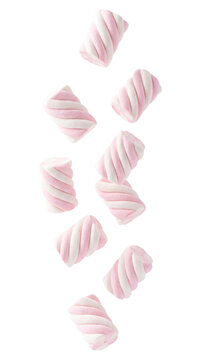 Falling pink and white twisted marshmallows isolated on transparent background