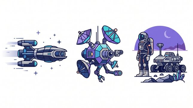 Deep Space Exploration Flat Vector Icon Set with Interstellar Spacecraft Astronaut and Rover