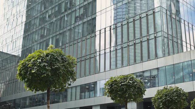 modern office building with a glass facade reflecting light. Trees with rounded foliage are visible in front, enhancing the urban setting