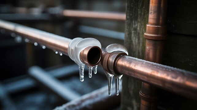 Close up of copper plumbing pipes with frozen water and sharp icicles hanging from the joints during a cold winter day in an industrial setting