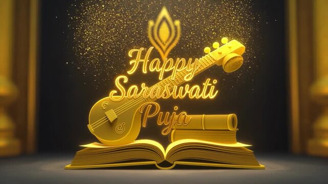 Happy Saraswati Puja greeting with golden veena