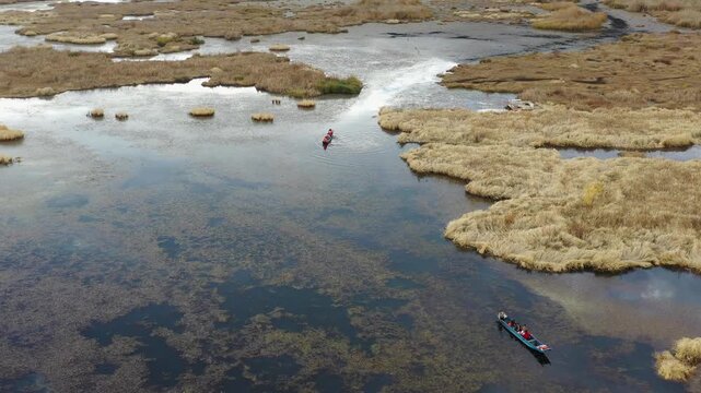 Aerial View of People Rowing Boats Through a Wetland with Reeds
