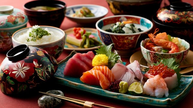 Vibrant Japanese Cuisine with Assorted Sushi and Sides in Elegant Setting