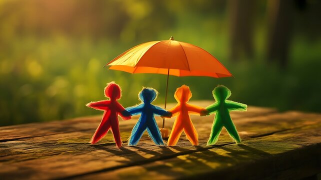 Colorful paper cutout people figures standing together under a bright orange umbrella on a rustic wooden surface in a soft sunlit garden setting