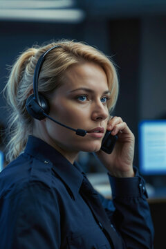 Face of serious female police officer in a call center 911 operator talking on the phone in a busy police office environment