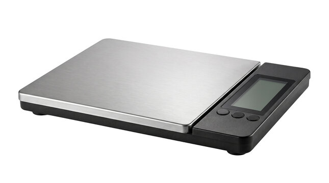 Digital kitchen scale with stainless steel platform and black plastic base isolated on white