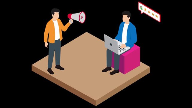 Isometric Business Marketing Animation: Laptop User and Megaphone Review