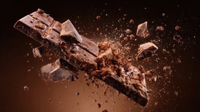 spectacular macro photograph of a chocolate bar breaking apart in midair, dark chocolate fragments and cocoa particles frozen around the main piece