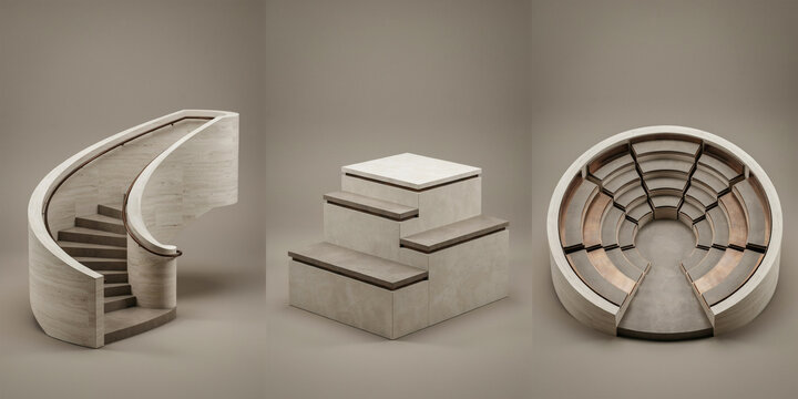 Three architectural concepts of curved staircases and circular seating areas in stone