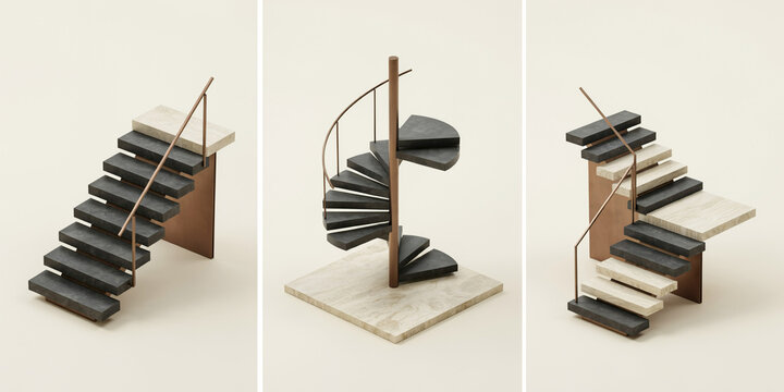 Three different architectural staircase models featuring dark stone steps and metal railings