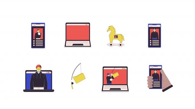Phishing scam cartoon animation pack. Masked scammers. Trojan malware. Stolen folders fishing. Fake profiles on social media animated flat 4K video collection isolated on transparent background