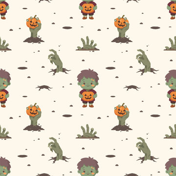 Little Zombie Boy Zombie Hand Holding Jack-o'-lantern Underground Seamless Pattern, Pumpkin Crack Hole Halloween Repeating Background Wallpaper Textile Fabric Cute Nursery Graphic, Pajamas Flat Vector