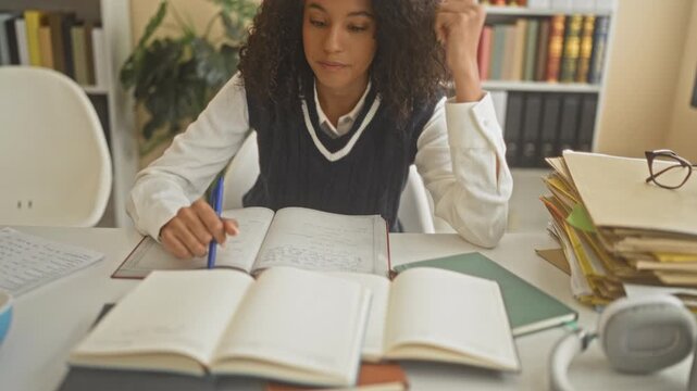 Woman writing in notebook with blue pen, hand on head at desk with open books, stacked folders and glasses in building; concentration.