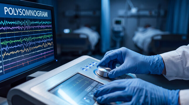 Medical technologist adjusting polysomnography equipment in a sleep clinic with blue ambient lighting