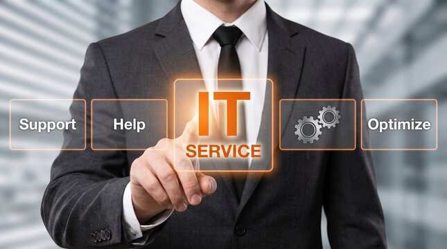 Businessman interacting with digital it service management interface in office it service business man tech support system management cloud computing software solution