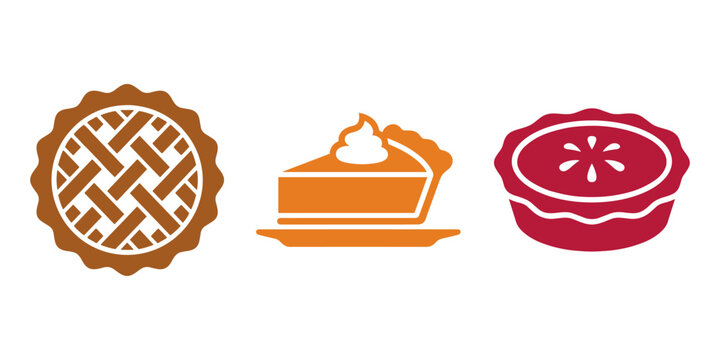 Thanksgiving pie solid vector icon set. Whole pie, slice, and deep-dish silhouettes.