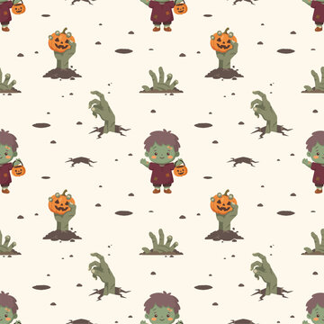 Little Zombie Boy Zombie Hand Holding Jack-o'-lantern Underground Seamless Pattern, Pumpkin Crack Hole Halloween Repeating Background Wallpaper Textile Fabric Cute Nursery Graphic, Pajamas Flat Vector