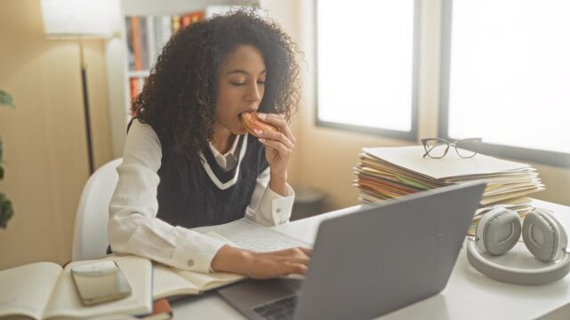 Woman eating pastry while typing on laptop at study desk with books, headphones and stacked folders in building; concentration.