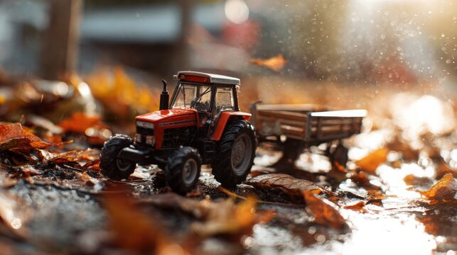 ultra macro photograph of a miniature forest tractor pulling a small trailer through wet fallen leaves, detailed rugged tires, glossy autumn leaves