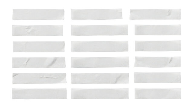 Set of 18 horizontal masking tape strips isolated on transparent background