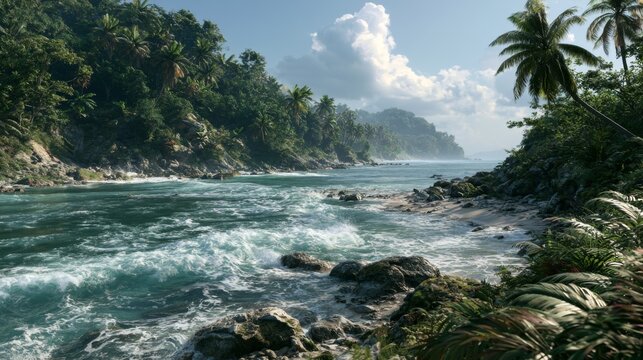 Serene Tropical Landscape with Lush Greenery and Calm Water