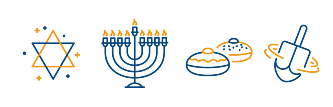 Hanukkah elements, set icon of  Star of David, menorah, traditional spinning dreidel, Hanukkah donuts, vector outline icons on white background