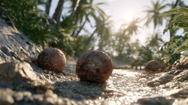Sunlit Landscape with Coconuts on a Tropical Beach Shoreline