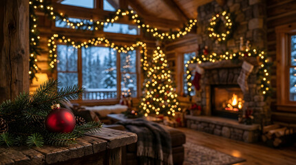 Fototapeta premium Cozy rustic log cabin living room decorated for christmas with a glowing fireplace and christmas tree
